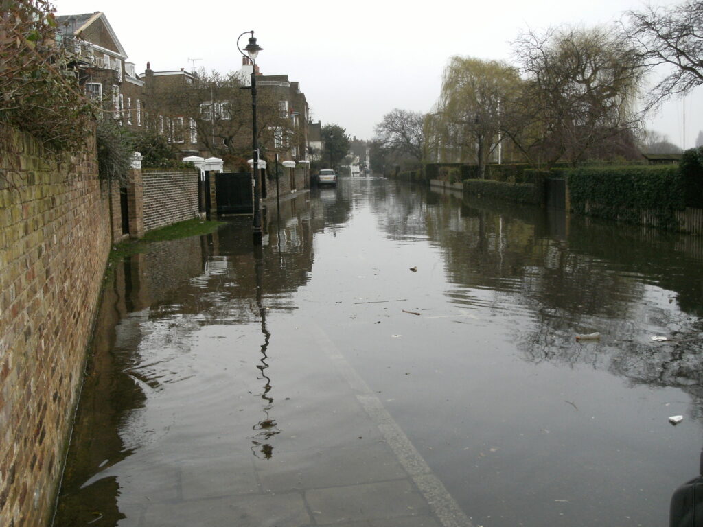 Chiswick Mall by the river Thames with tidal flooding